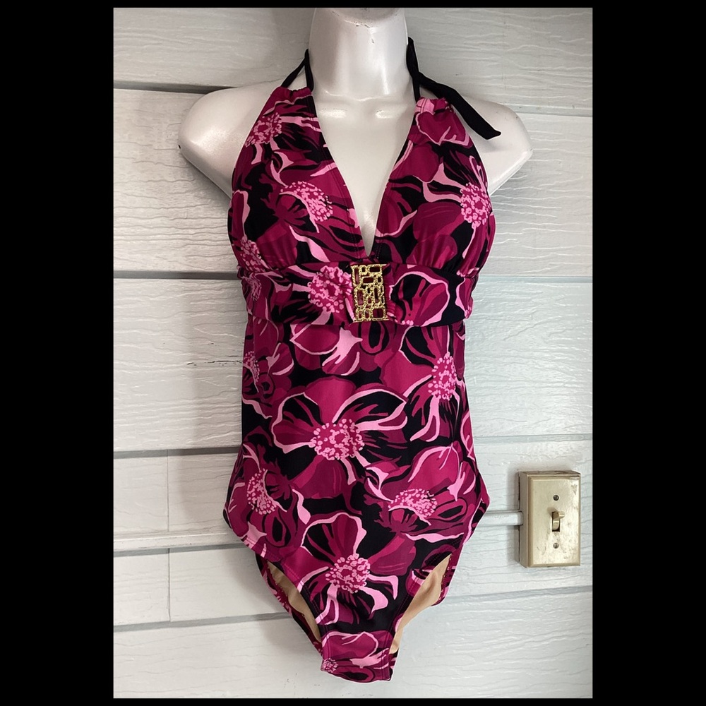 Girls Floral Halter One-Piece Swimsuit in Magenta Pink.46